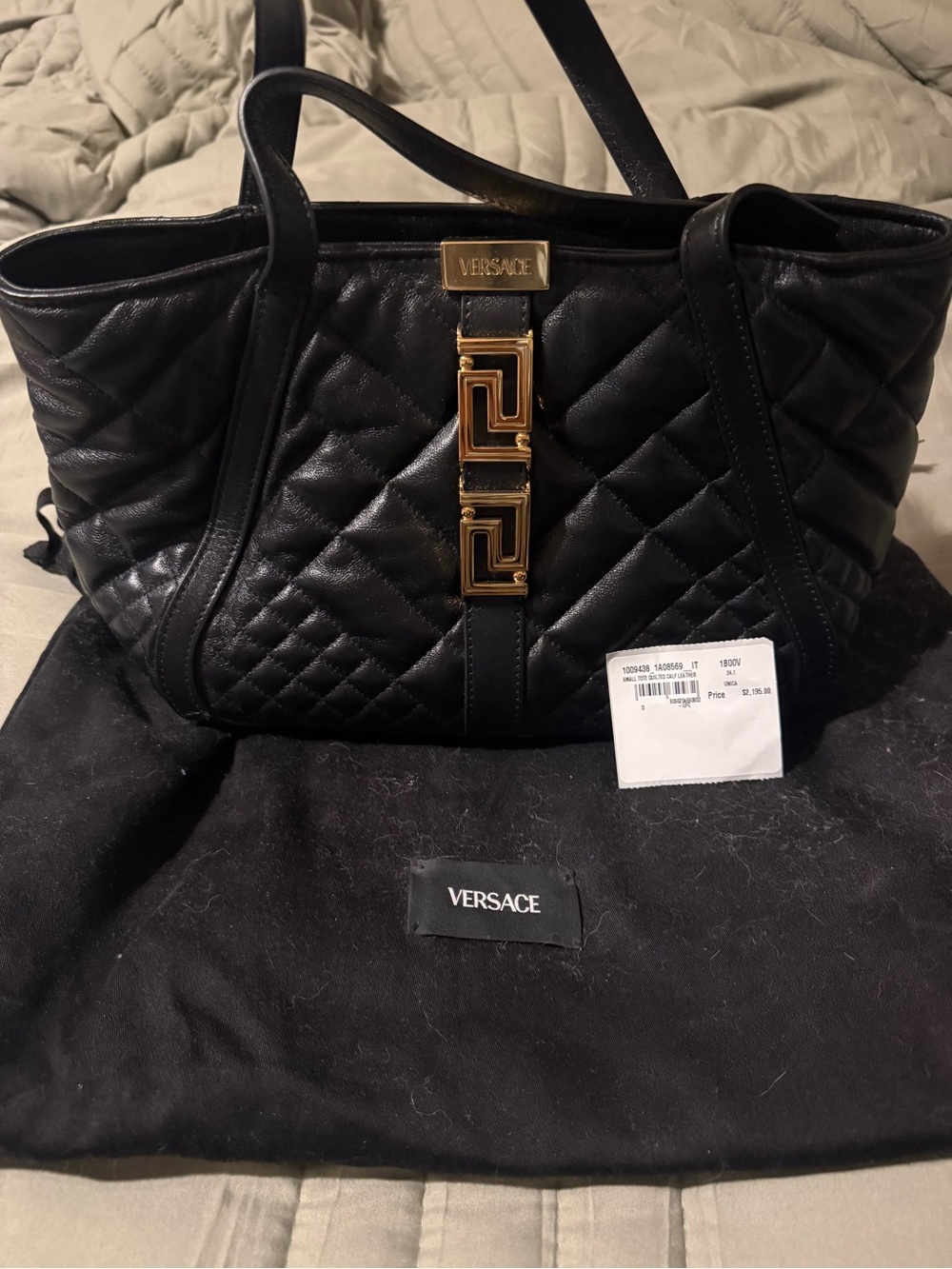 Versace Black Quilted Leather Tote with Gold Medusa Bar